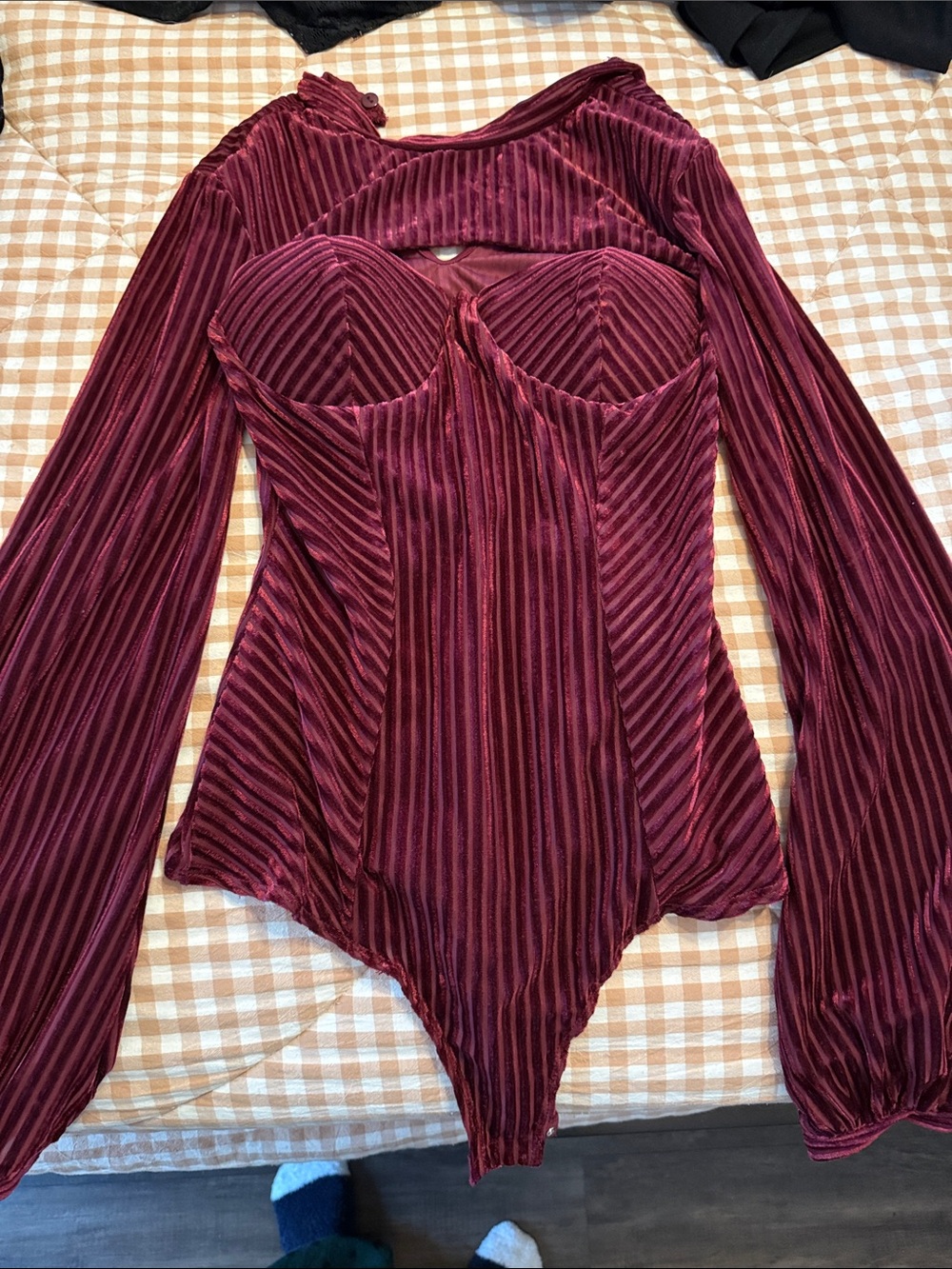 Lulu's Wine Red Ribbed Velvet Long Sleeve Bodysuit